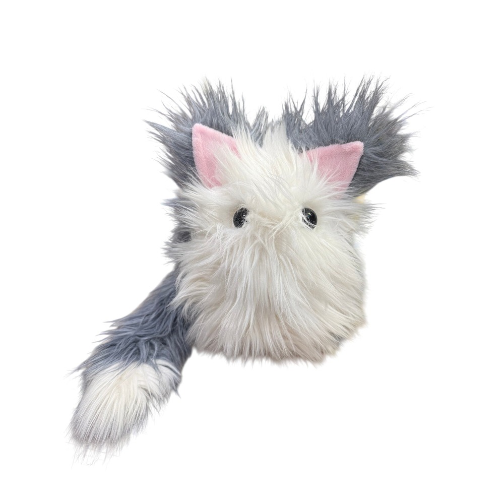 Fuzziggles Buddy the Grey & White Plush Cat, Long Tail Shaggy Fur Stuffed Animal